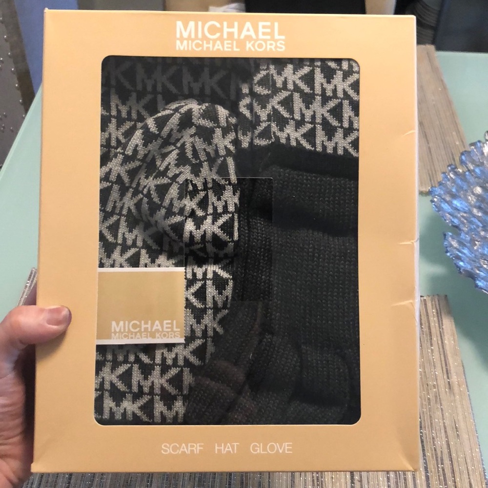MK scarf, hat, and gloves set